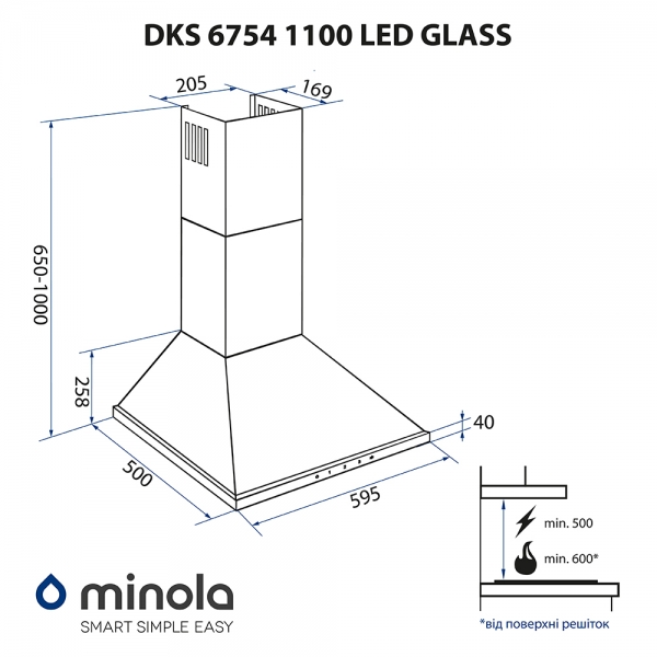 Minola DKS 6754 WH 1100 LED GLASS Габаритные размеры