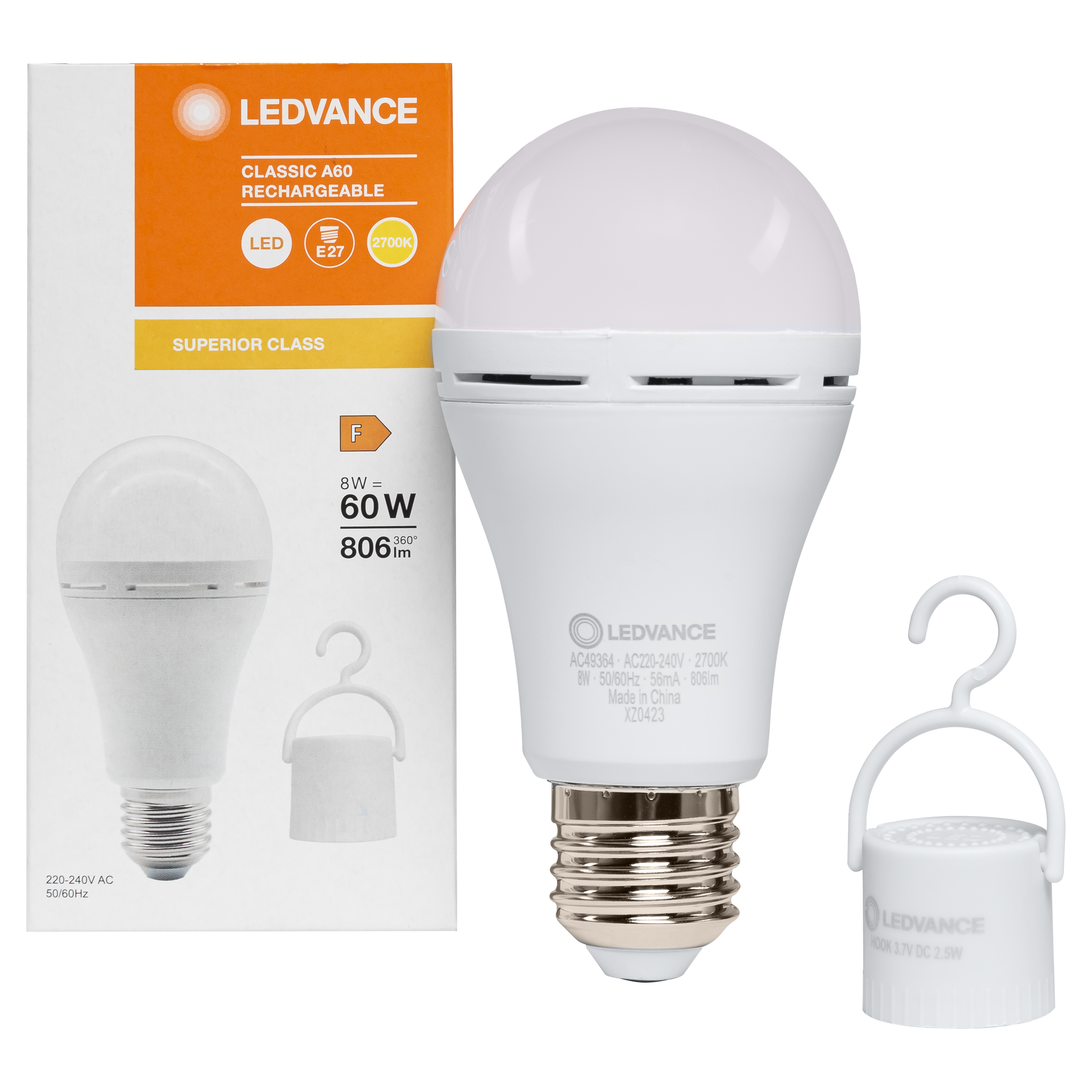 Характеристики лампа ledvance светодиодная Ledvance A60 8W 806Lm 2700K E27 с держателем