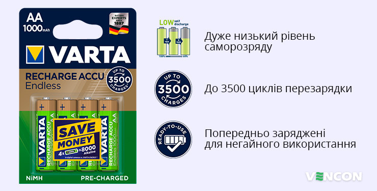 Особливості Varta Endless AA (RECHARGEABLE ACCU) [BLI 4]