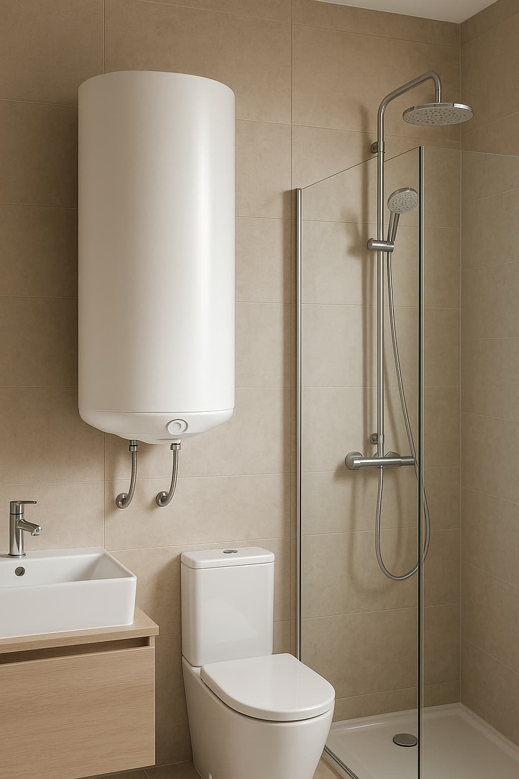 Встановлений бойлер на 100 літрів у сучасній ванній кімнаті з акуратним монтажем та мінімалістичним інтер’єром