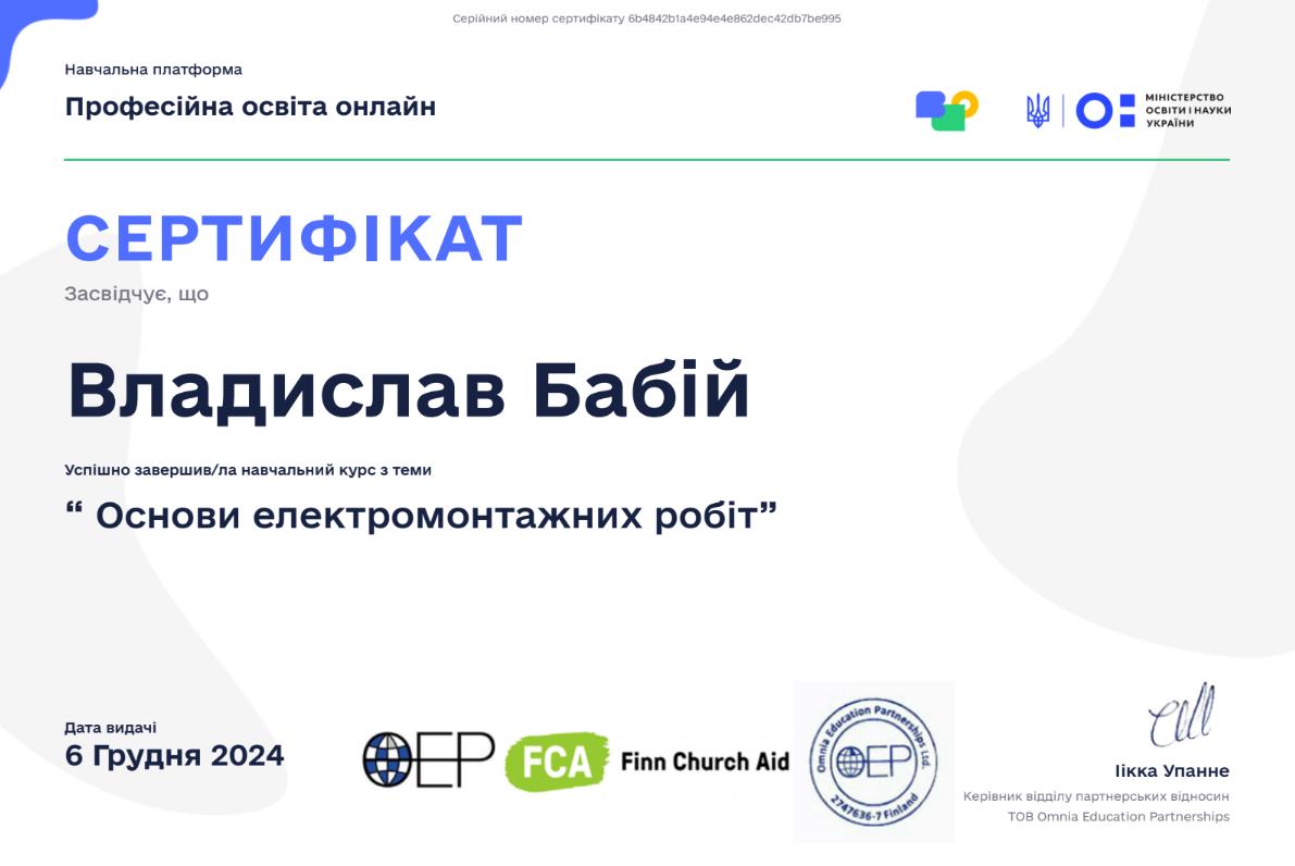 Сертифікат - Владислав Бабій