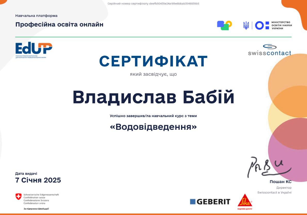 Сертифікат - Владислав Бабій