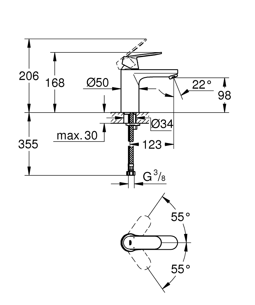 Grohe Eurosmart Cosmopolitan 23327000 Габаритные размеры