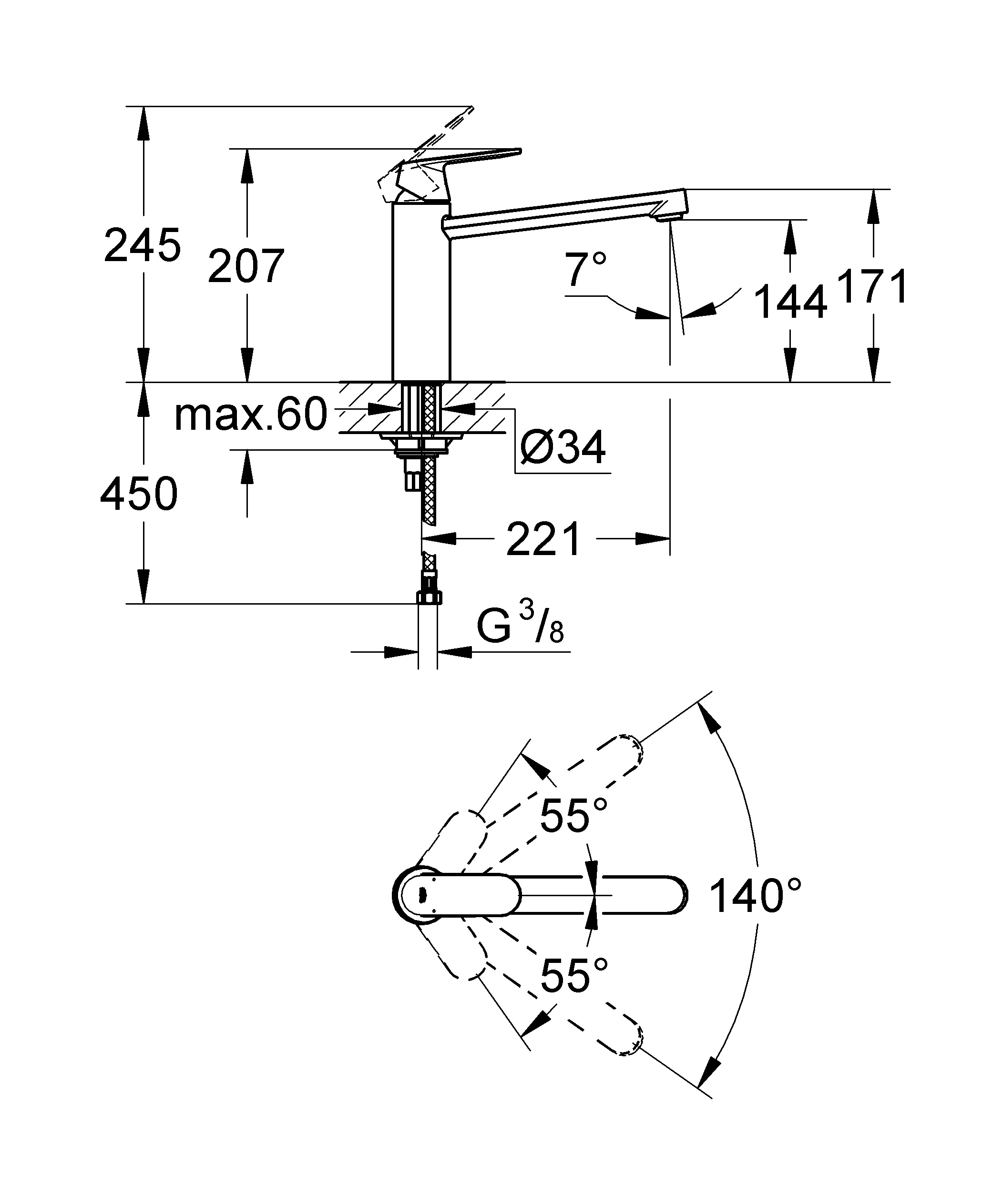 Grohe Eurosmart Cosmopolitan 30193000 Габаритные размеры