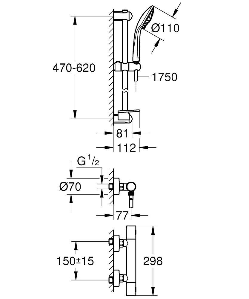 Grohe Grohtherm 1000 Cosmopolitan M 34286002 Габаритные размеры