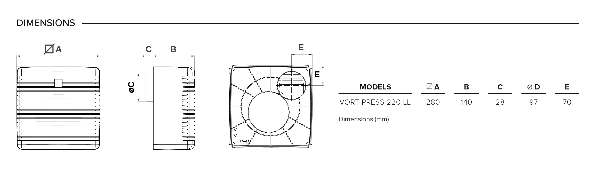 Vortice Vort Press 220 LL Габаритные размеры
