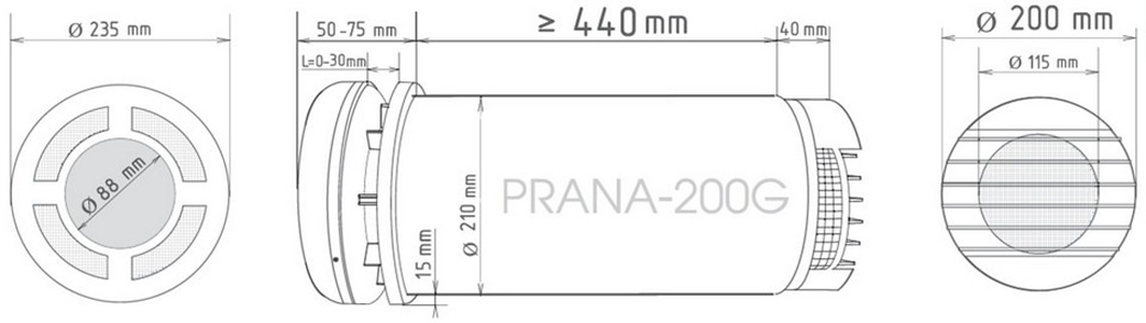 Монтажні розміри рекуператора PRANA – 200 G