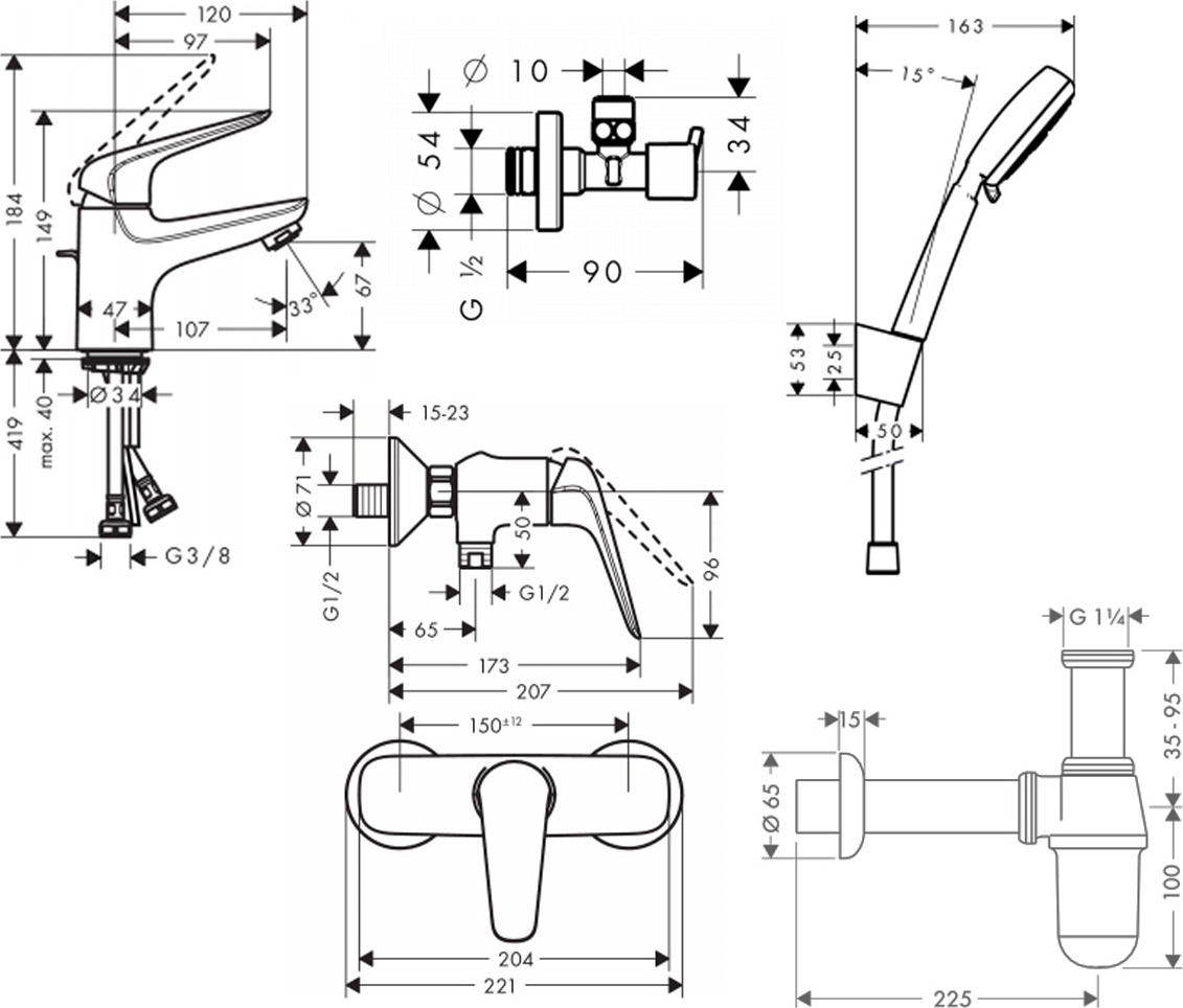 Hansgrohe Novus 70 710262665 Габаритные размеры