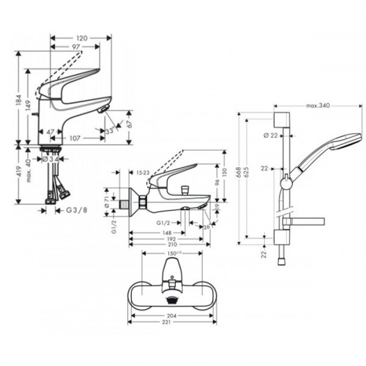 Hansgrohe Novus 70 710242773 Габаритные размеры