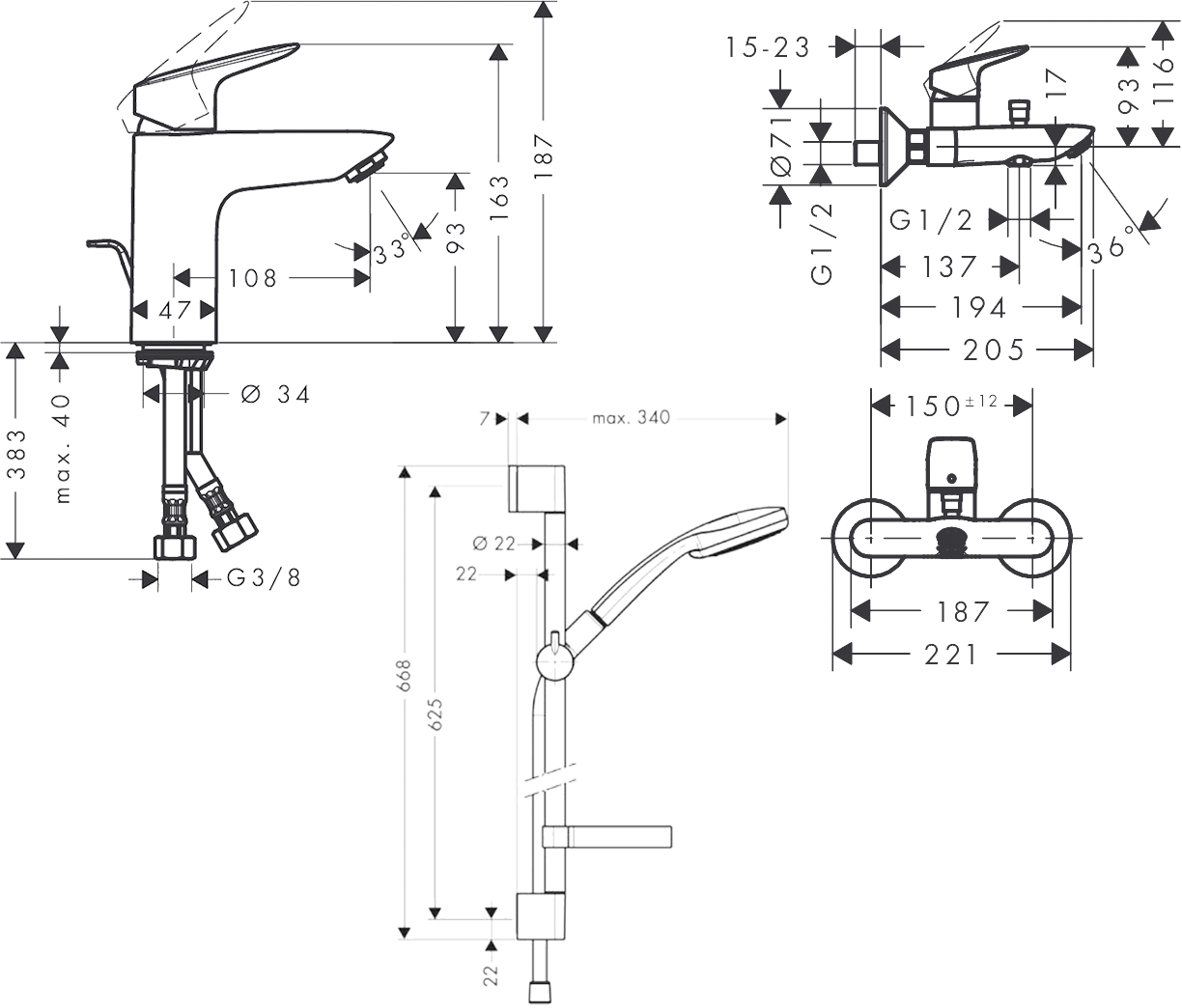 Hansgrohe Logis 100 711714311 Габаритні розміри