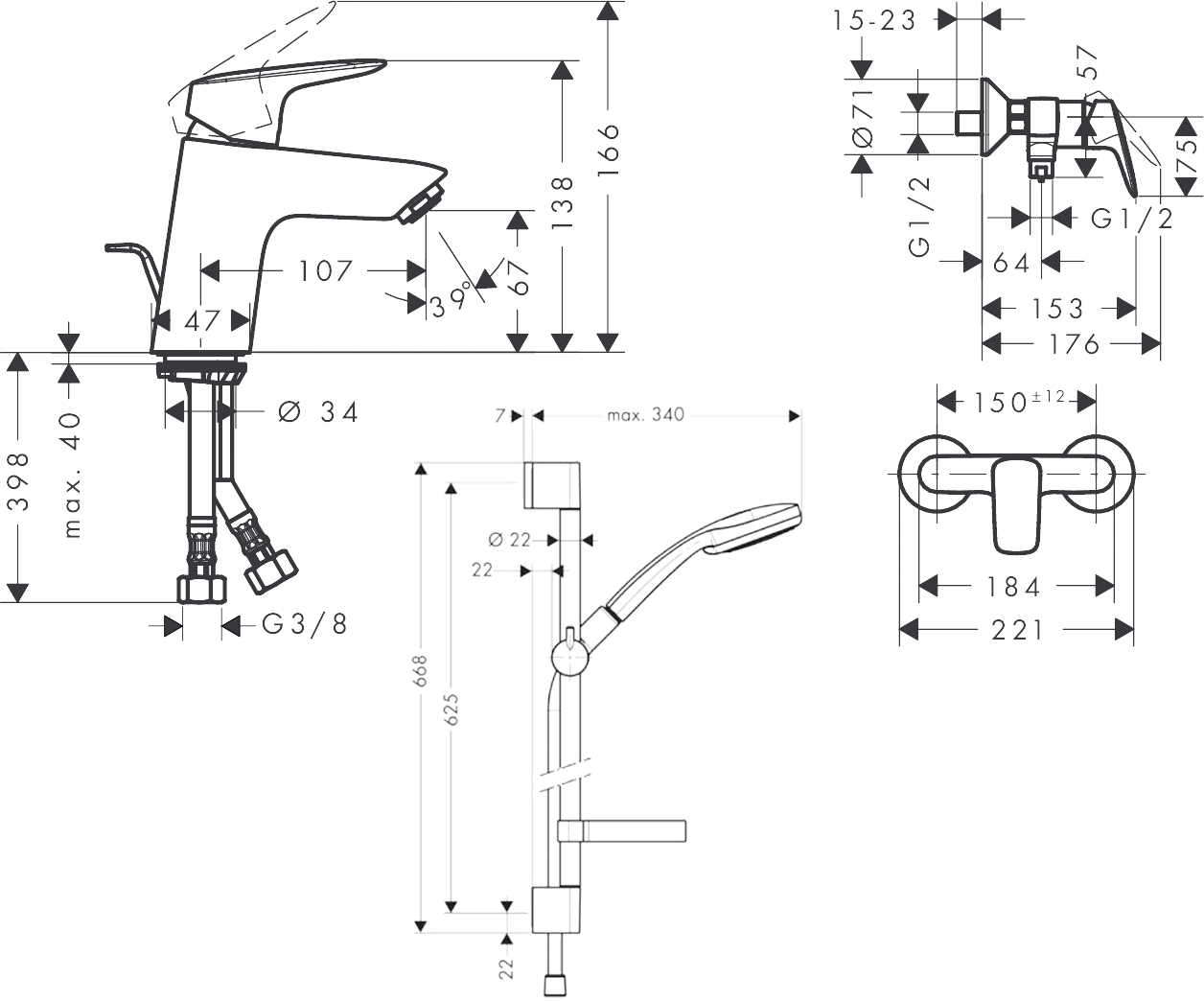 Hansgrohe Logis 100 711716311 Габаритные размеры