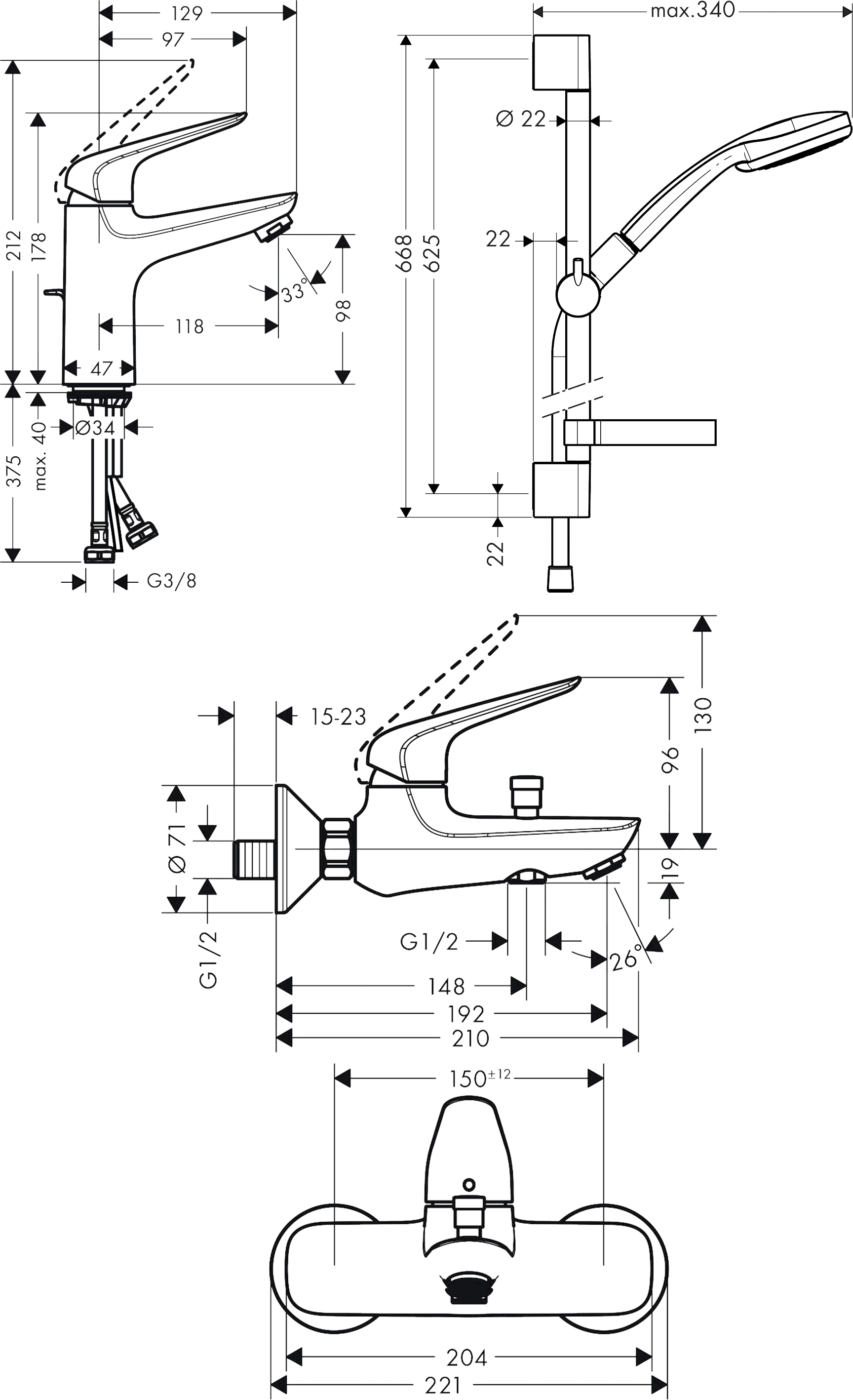 Hansgrohe Novus 100 710342773 Габаритні розміри