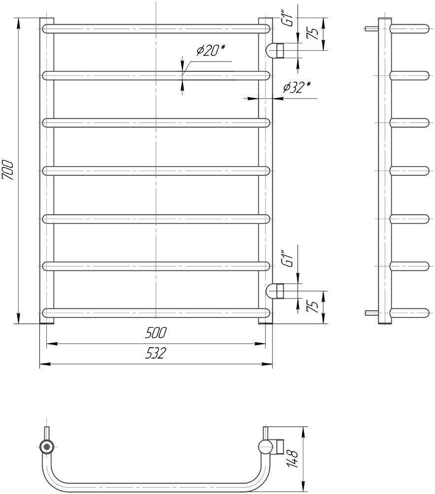 Mario Стандарт 700х530/500 Б/П 1" Габаритные размеры