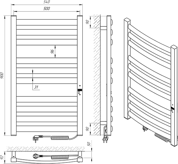Laris Зебра Атлант Премиум ЧК10 500x900 Э (подкл. справа) (75201084) Габаритные размеры