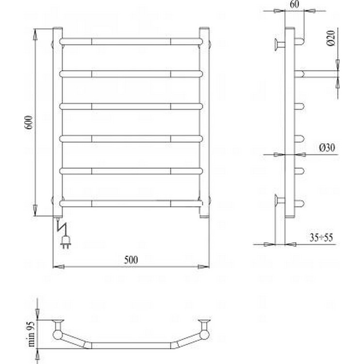 Полотенцесушитель Paladii Классик Электро 600x500/6 L с регулятором ТР-01 РШе197PL цена 0.00 грн - фотография 2