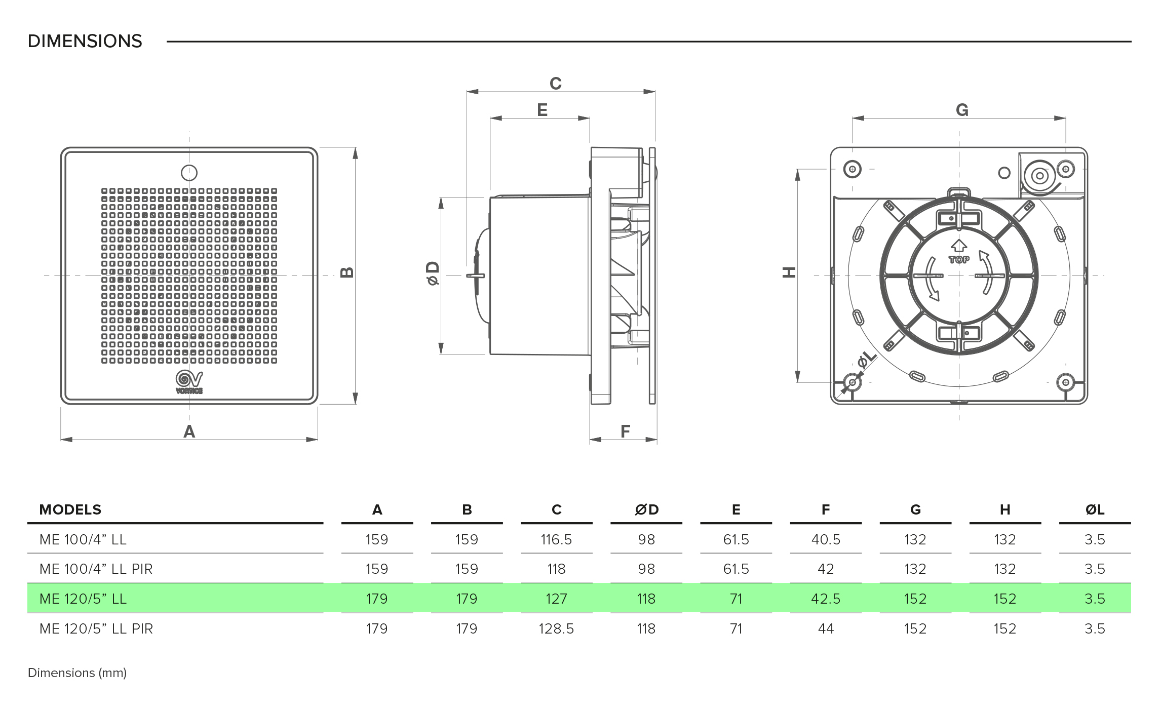 Vortice Punto ME 120/5" LL TP Габаритные размеры