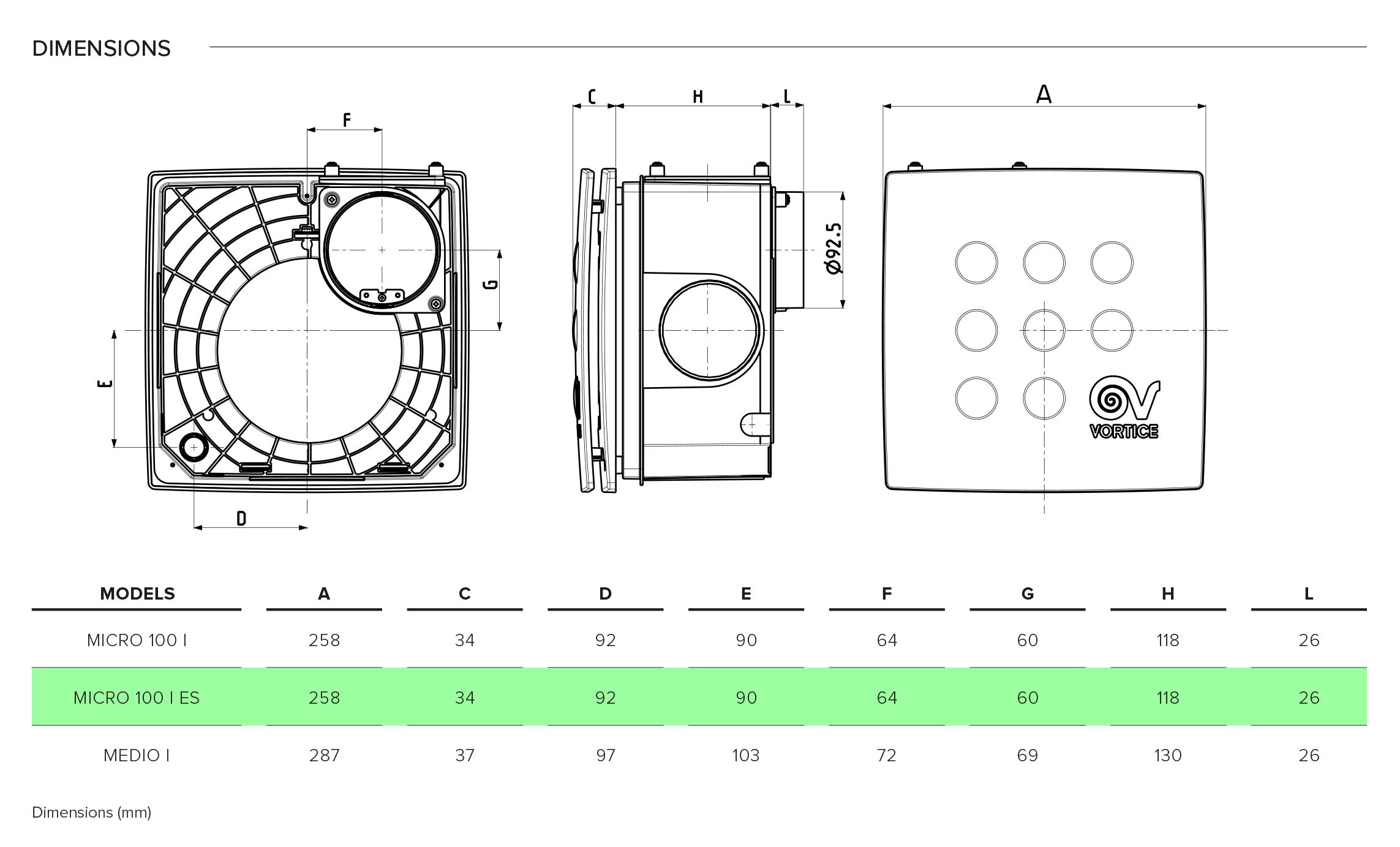 Vortice Micro 100 I T ES Габаритные размеры