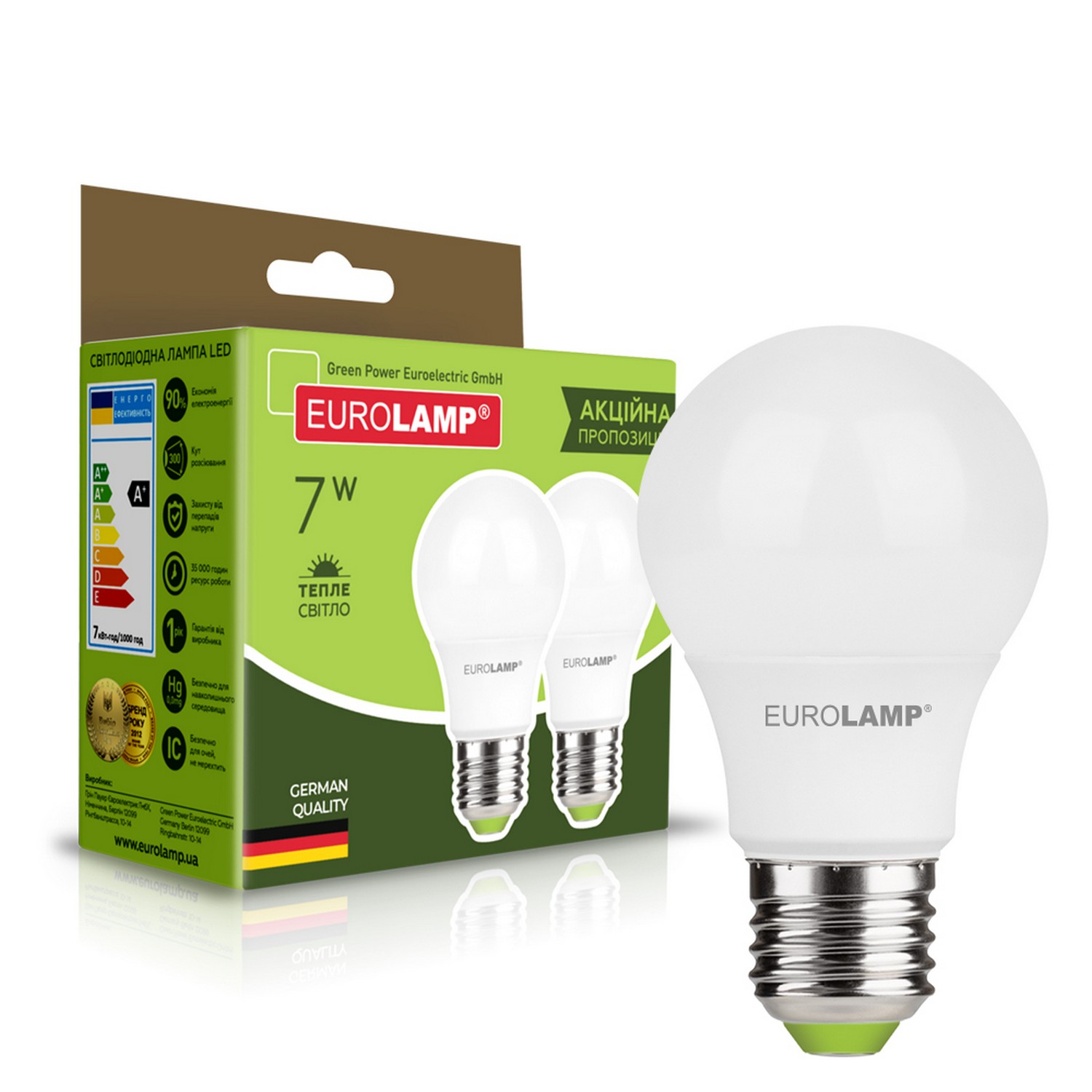 Eurolamp LED A60 7W E27 3000K акция "1+1"