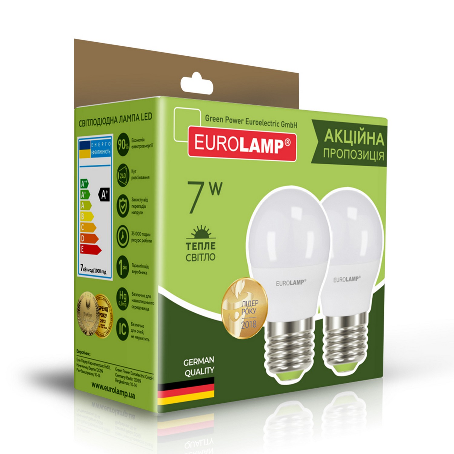 Светодиодная лампа Eurolamp мощностью 7 Вт Eurolamp LED EKO G45 7W E27 3000K акция "1+1"