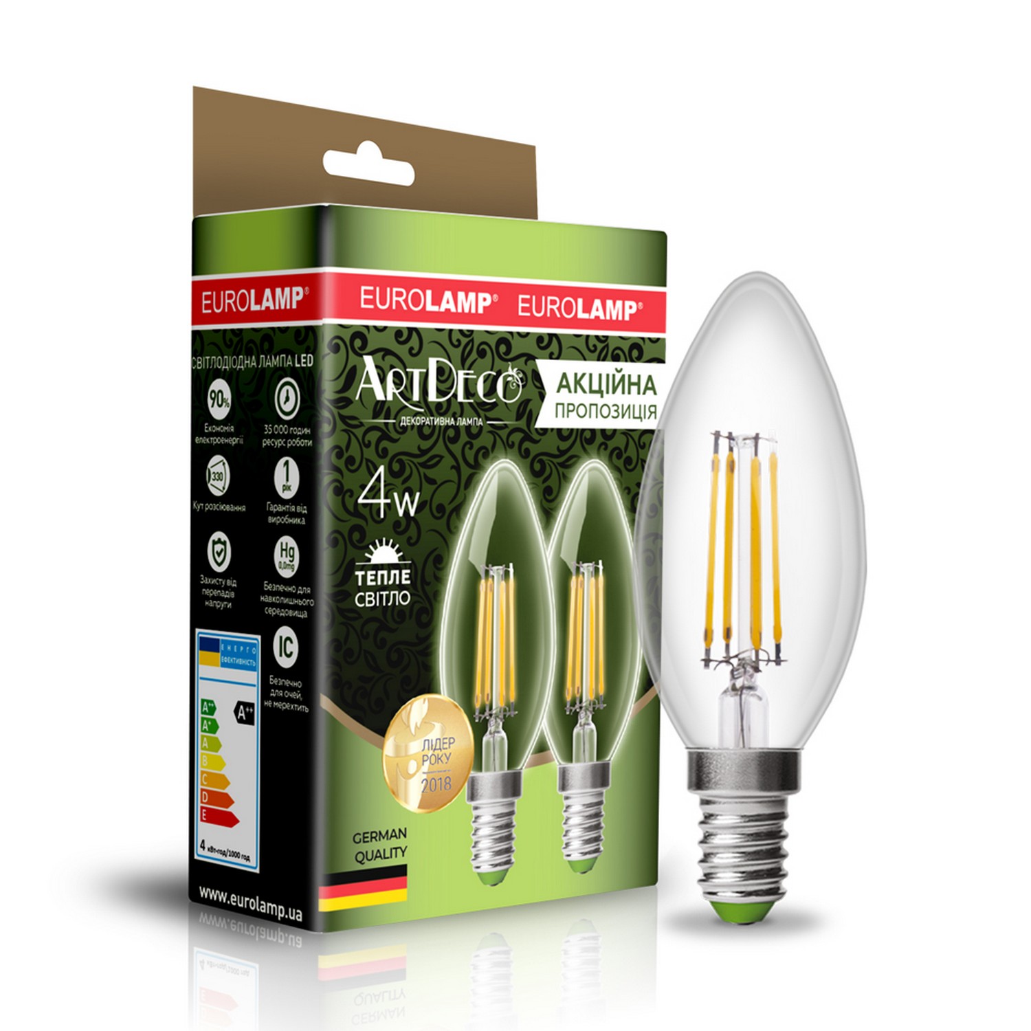 Лампа Eurolamp LED EKO Свічка філамент 4W E14 3000K акція "1+1" в інтернет-магазині, головне фото