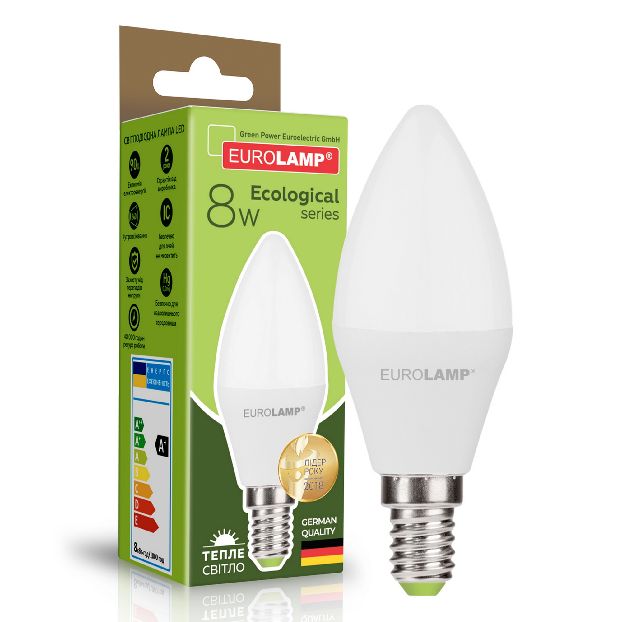 Светодиодная лампа с цоколем E14 Eurolamp LED "Свеча" EKO 8W E14 3000K