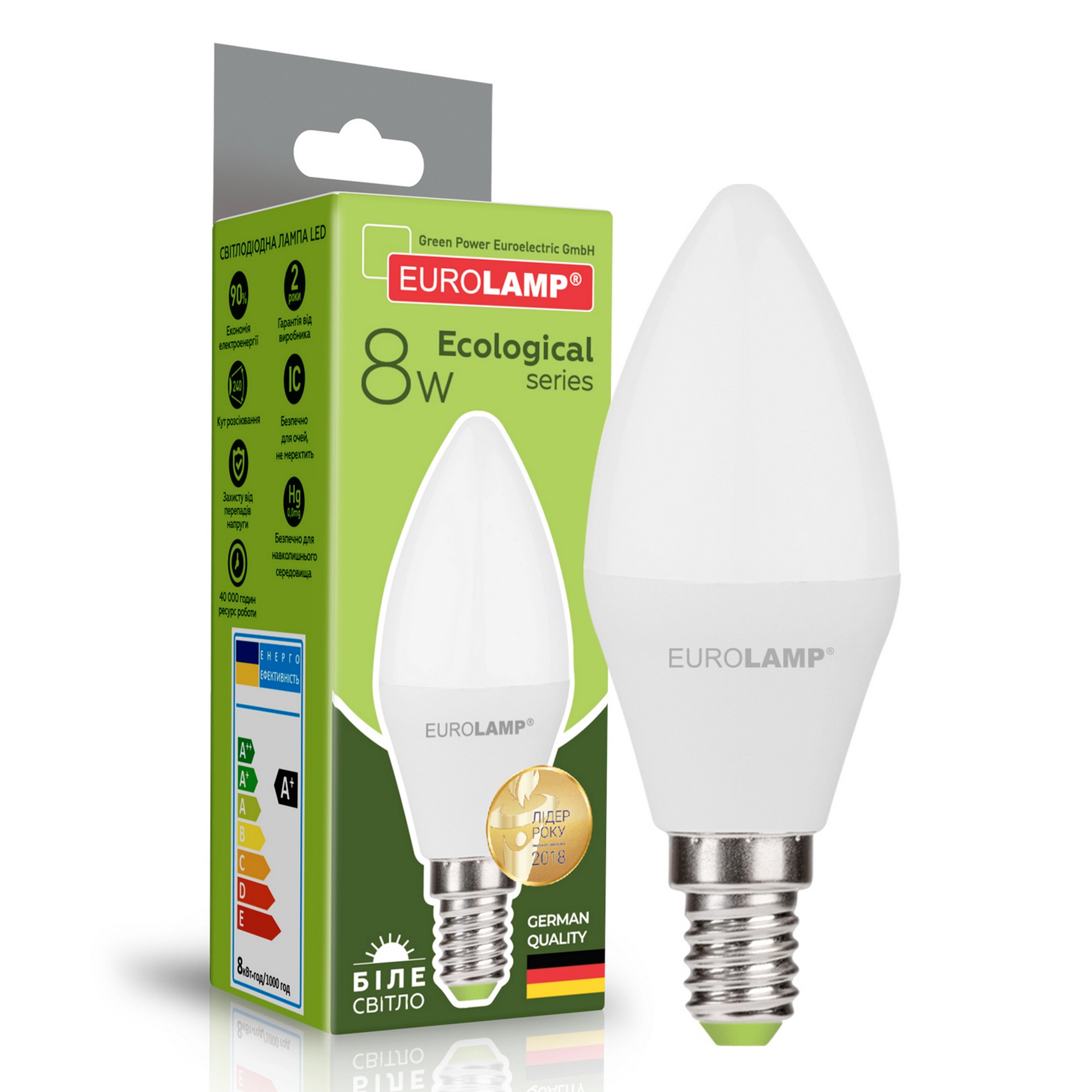 Светодиодная лампа мощностью 8 Вт Eurolamp LED "Свеча" EKO 8W E14 4000K