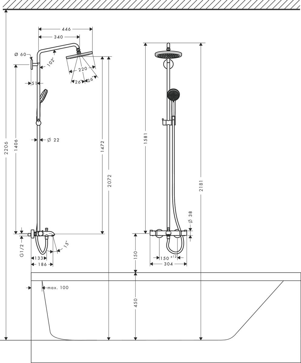 Hansgrohe Croma 220 Showerpipe 27223000 Габаритні розміри