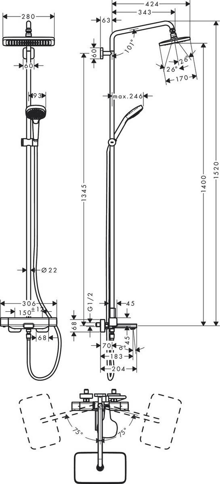 Hansgrohe Croma E Showerpipe 280 1jet 27687000 Габаритные размеры