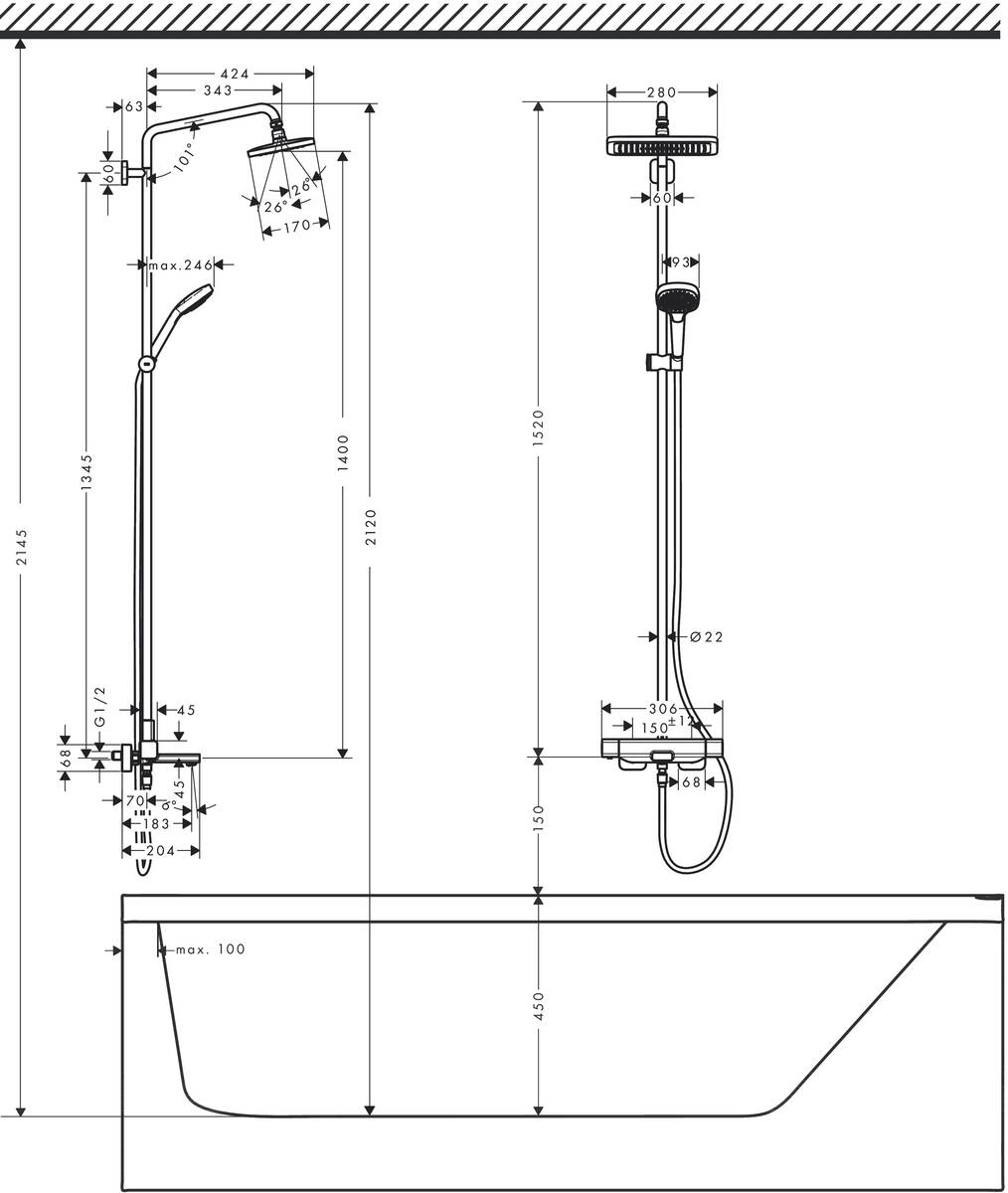 Hansgrohe Croma E Showerpipe 280 1jet 27687000 Габаритные размеры