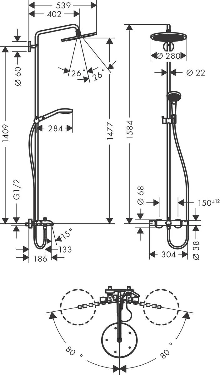 Hansgrohe Croma Select S Showerpipe 280 1jet 26792000 Габаритные размеры