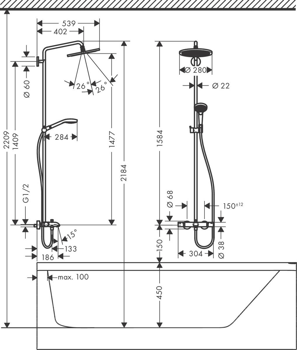 Hansgrohe Croma Select S Showerpipe 280 1jet 26792000 Габаритные размеры