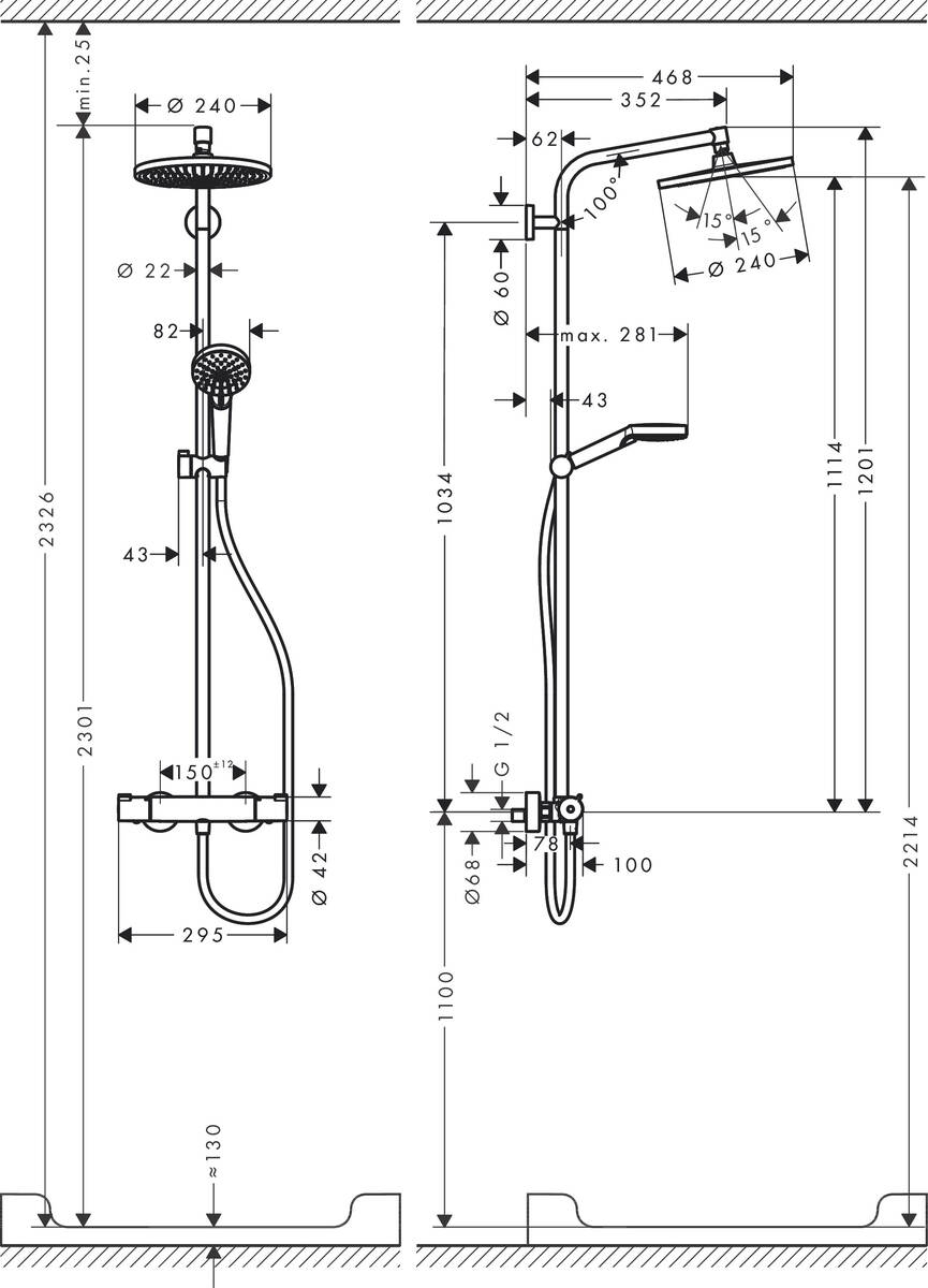 Hansgrohe Crometta S 240 1jet Showerpipe EcoSmart 27268000 Габаритные размеры