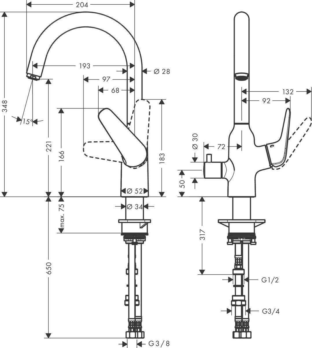 Hansgrohe Focus M42 71803000 Габаритные размеры