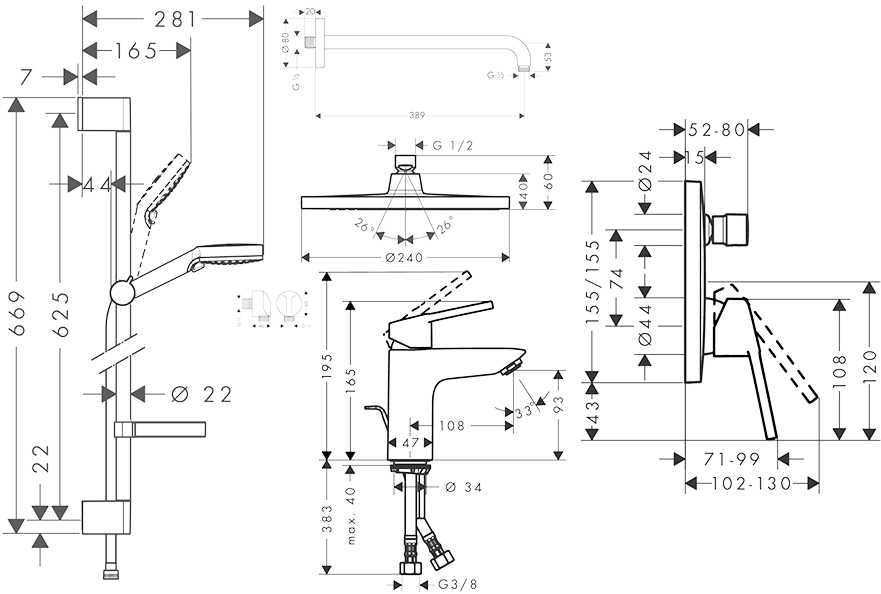 Hansgrohe Logis Loop 1122019 (71151000, 26553400, 71264000, 01800180, 27454000, 27413000, 26723000) Габаритные размеры