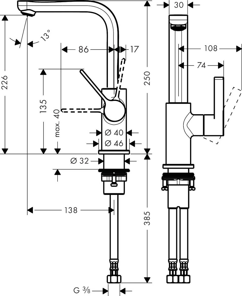 Hansgrohe Metris S с сливным клапаном Push-Open 31161000 Габаритные размеры