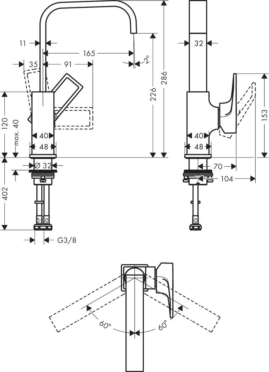 Hansgrohe Metropol с сливным клапаном Push-Open 74511000 Габаритные размеры