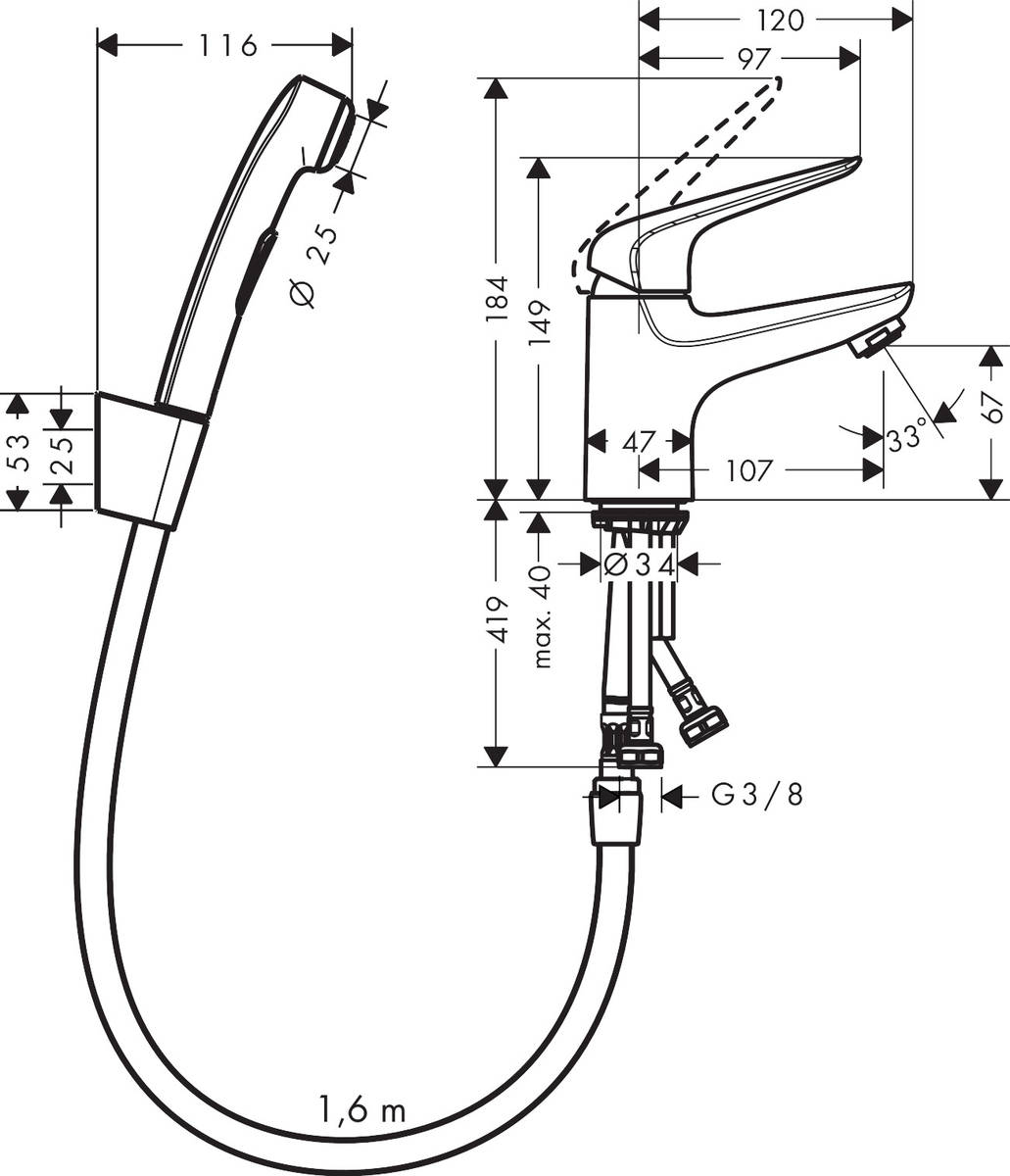 Hansgrohe Novus с гигиеническим душем 71144000 Габаритные размеры