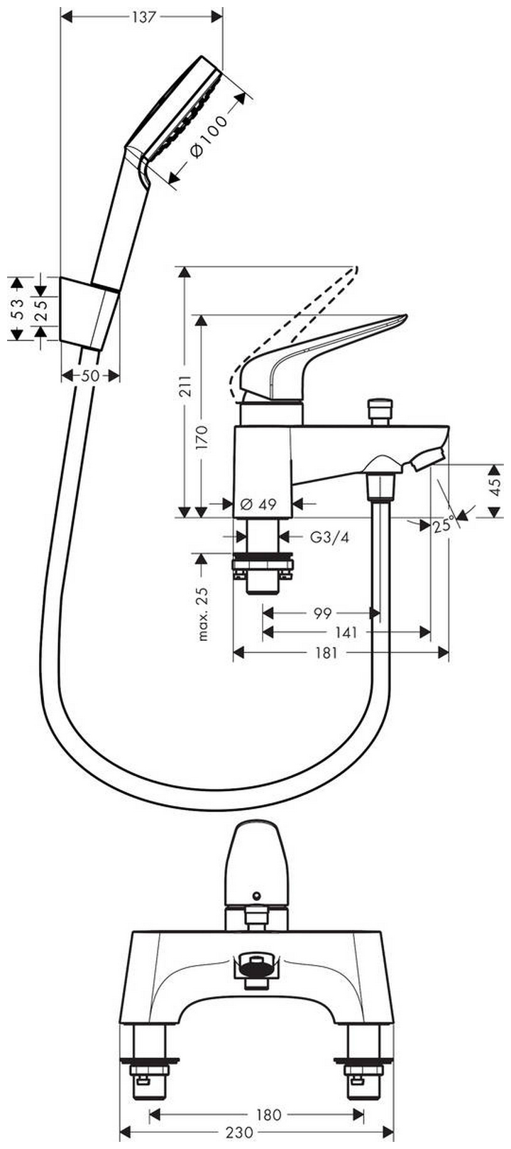 Hansgrohe Novus 71044000 Габаритні розміри