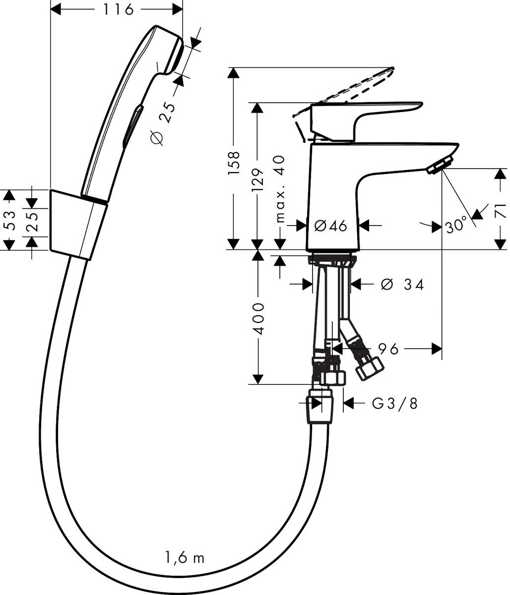 Hansgrohe Talis E с сливным клапаном Push-Open с гигиеническим душем 71729000 Габаритные размеры