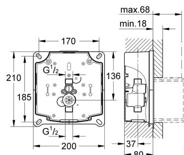 Grohe Rapido UMB 38787000 Габаритные размеры