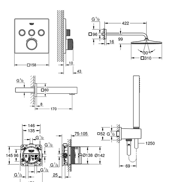 Grohe Grohtherm SmartControl 26405SC2 Габаритні розміри