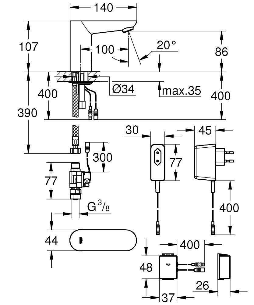 Grohe Euroeco Cosmopolitain E 36409000 Габаритные размеры