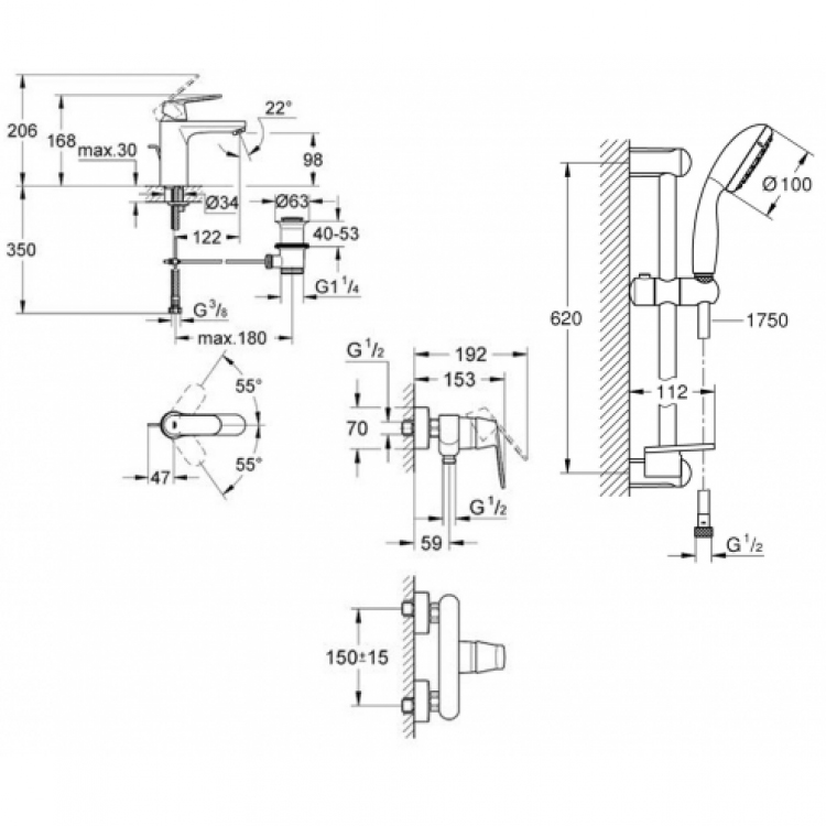 Grohe Eurosmart Cosmopolitan 126114M Габаритні розміри