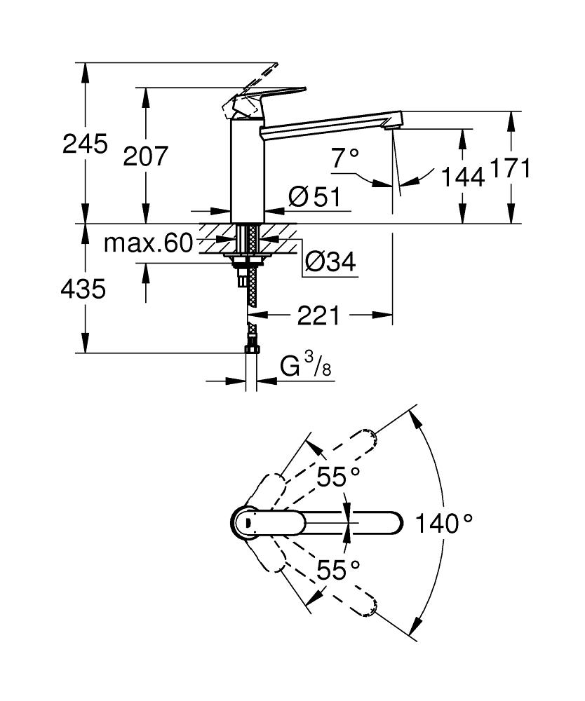 Grohe Eurosmart Cosmopolitan 30193DC0 Габаритні розміри