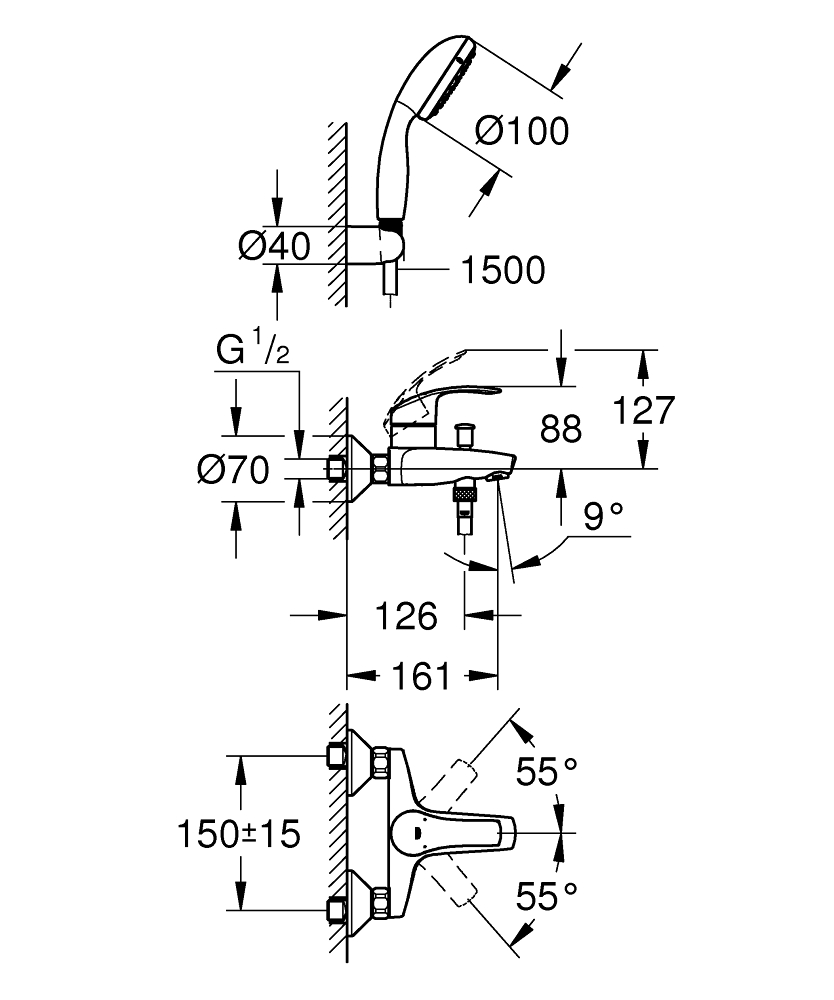 Grohe Eurosmart New 3330220A Габаритные размеры