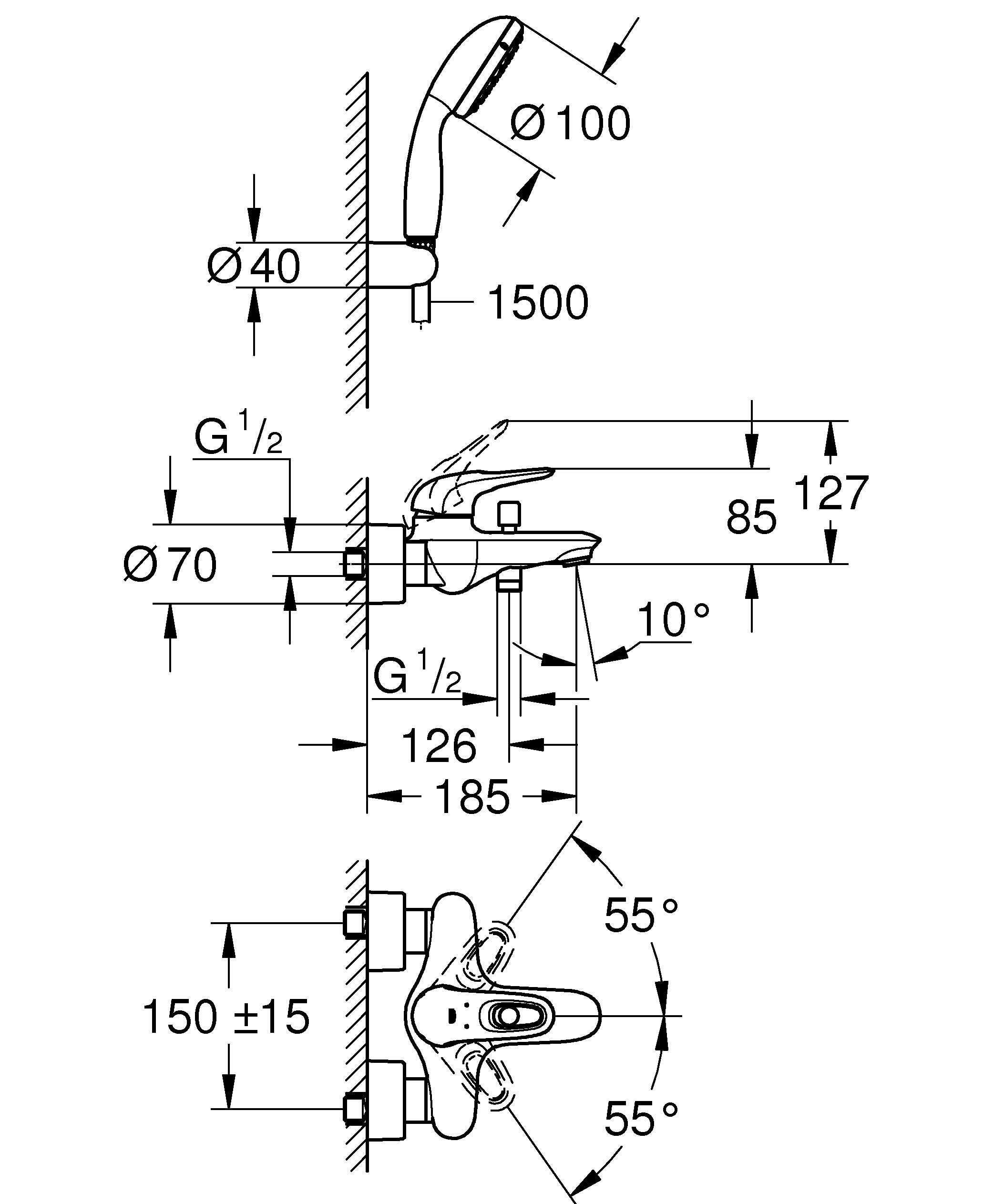 Grohe Eurosmart New 3359230A Габаритные размеры