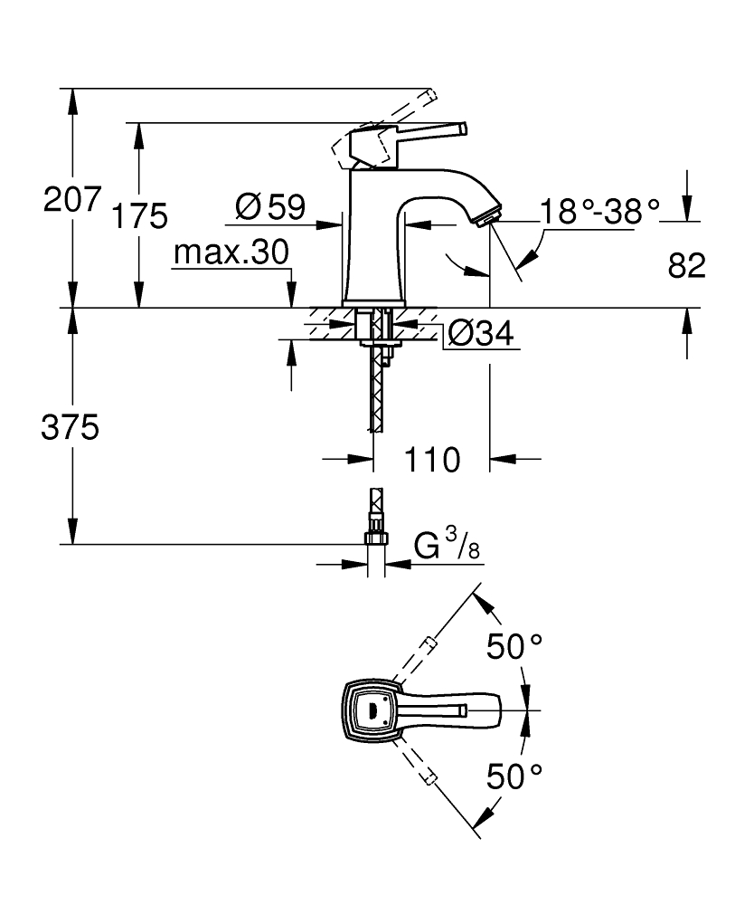 Grohe Grandera M-Size 23310000 Габаритные размеры