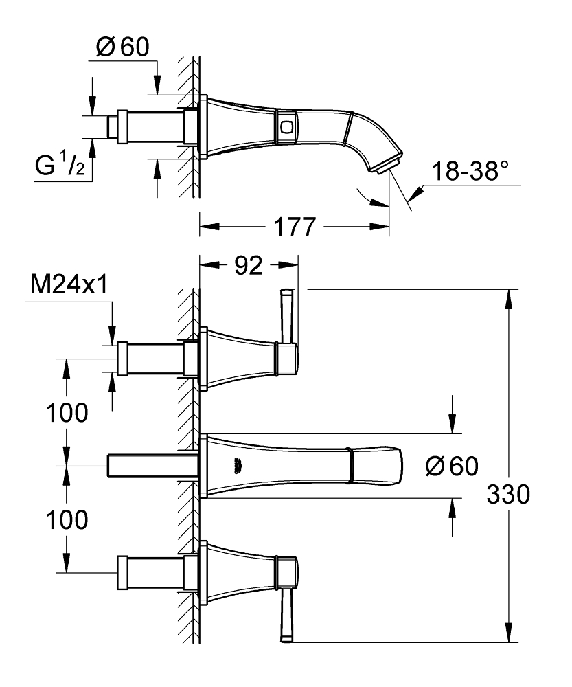 Grohe Grandera S-Size 20414IG0 Габаритні розміри