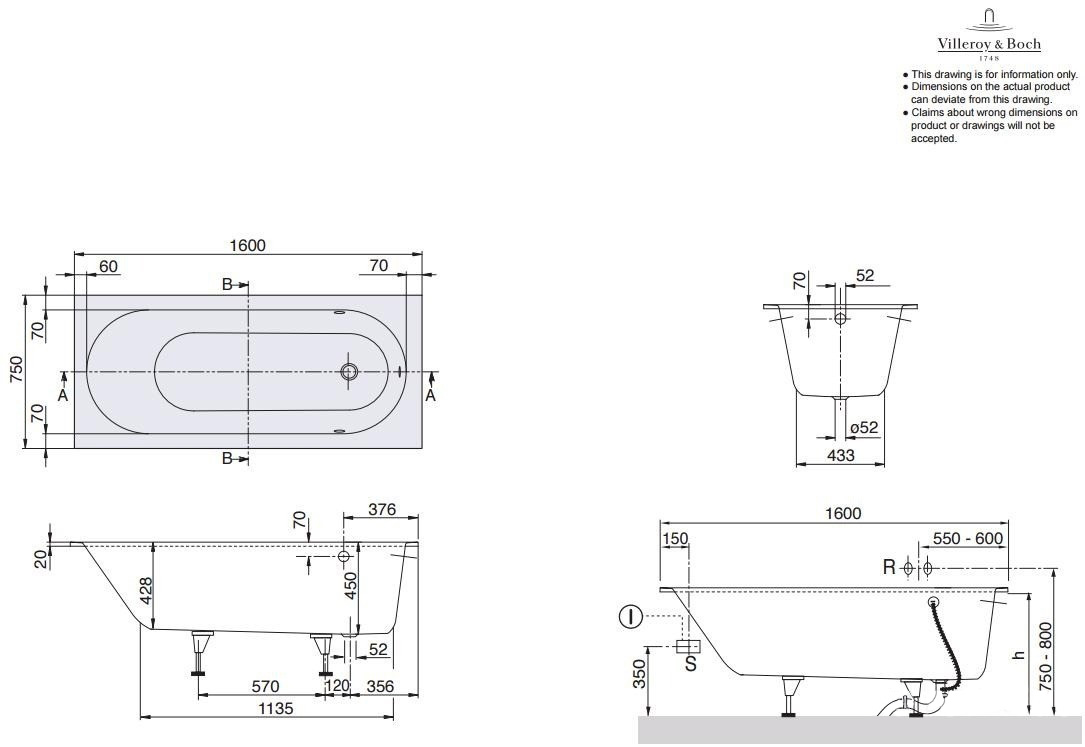 Ванна Villeroy&Boch Oberon uBQ160OBE2V-01 160*75 ціна 0 грн - фотографія 2