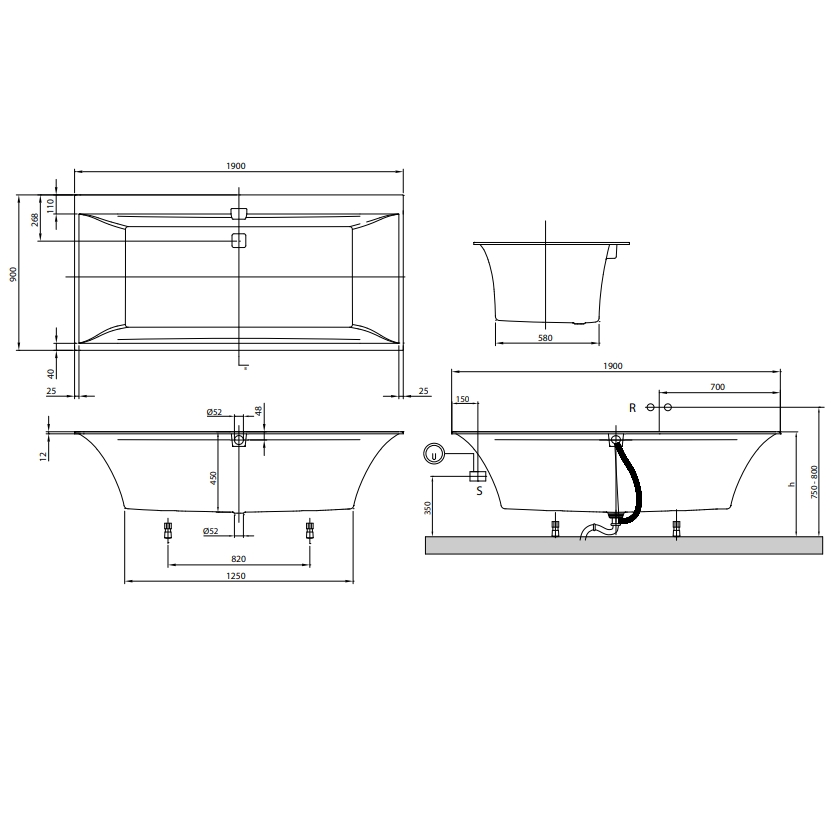 Ванна Villeroy&Boch Squaro Edge 12 BQ190SQE2DV-01 190*90 ціна 64667 грн - фотографія 2